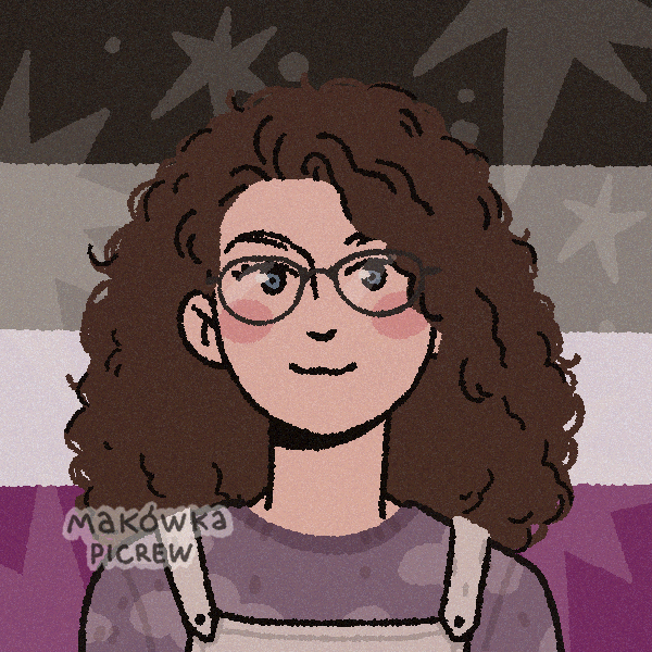 A cartoon image, from the shoulders up, of a curly brown haired white woman wearing glasses, a purple top, and gray dungarees. Behind are large stripes in black, gray, white and purple, with faint stars.