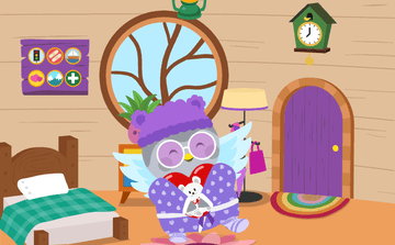 Scene of Nova dressed in her purple and white pajamas hugging a white teddy and a heart in her home, which is decorated in tan and brown walls and floor, with a green bed, green hanging lamp, green clock, purple door, purple picture, and a tall standing lamp.