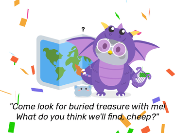 Nova dressed in a purple dragon costume holding a purple mini harp, and has Bean the Blobcat next to her, with multicoloured confetti scattered around her. She looks curious, with a large map behind her. She remarks: &ldquo;Come look for buried treasure with me! What do you think we&rsquo;ll find, cheep?&rdquo;