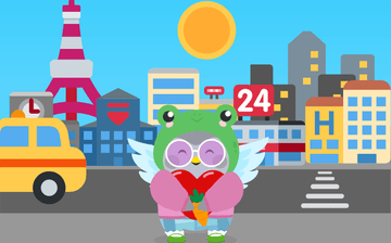 Scene of Nova dressed in a pink top, green frog hood, blue jeans and green shoes as she hugs a heart while holding a carrot in Tokyo.