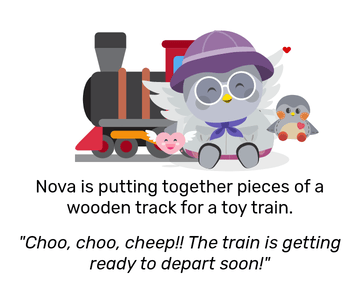Nova dressed grey adventuring outfit with a purple hat and holding a mini Nova doll. She also has Flutter the Flying Heart next to her. She looks very happy, with a large train behind her. She is putting together pieces of a woodern track for a toy train, then remarks: &ldquo;Choo, choo, cheep!! The train is getting ready to depart soon!&rdquo;