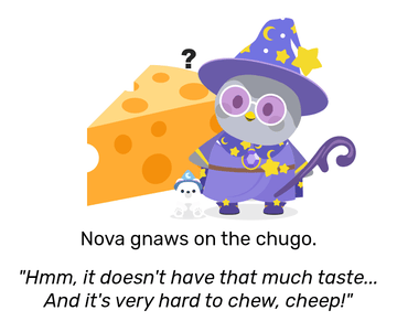 Nova dressed in a purple wizard costume, complete with staff and wizard hat, alongside her micropet Blizzard the Wizard, a tiny polar bear also wearing a wizard hat. Nova looks confused, with a large piece of chugo cheese behind her. Nova gnaws on the chugo and remarks: &ldquo;Hmm, it doesn&rsquo;t have that much taste&hellip; And it&rsquo;s very hard to chew, cheep!&rdquo;