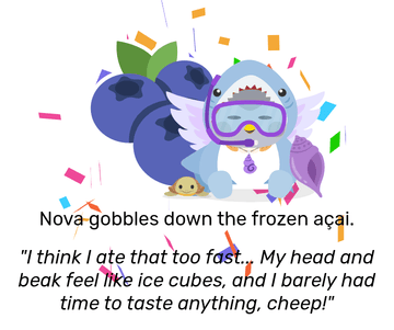 Nova dressed in a grey shark costume, holding a purple conch shell and wearing a purple snorkle, and has Adrian the Tata, a turtle, next to her, with multicoloured confetti scattered around her. She looks pensive with large berries behind her. She gobbles down frozen açaí and then remarks: &ldquo;I think I ate that too fast&hellip; My head and beak feel like ice cubes, and I barely had time to taste anything, cheep!&rdquo;