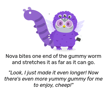 Nova dressed in a purple monster costume holding a rice ball. She has a neutral expression on her face, with a large purple worm behind her. Nova bites one end of the gummy worm and stretches it as far as it can go, then remarks: &ldquo;Look, I just made it even longer! Now there&rsquo;s even more yummy gummy for me to enjoy, cheep!&rdquo;