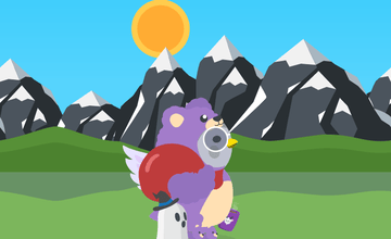 Scene of Nova dressed in a purple bear costume while walking with a red bag slung over her shoulder, alongside Boopty the Spoopty, a little ghost with a black witch hat on, in the Alps.