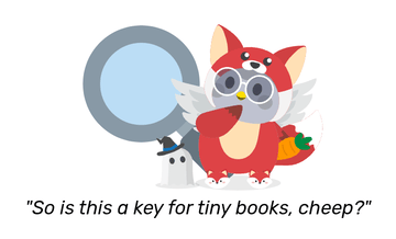 Nova dressed in a red fox costume holding a carrot, with micropet Boopty the Spoopty, a small ghost wearing a black witch hat, next to her. She looks curious with a large magnifying glass behind her. She remarks: &ldquo;So is this a key for tiny books, cheep?&rdquo;