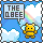 Pixel art stylised as a patch to be used in a patchwork, there is a little bee saying The Q Bee as it hovers in a sky with clouds and a rainbow