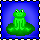 Pixel art stylised as a patch to be used in a patchwork, it is of a little green frog sitting on a lily pad against a deep blue background