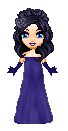 A pixel doll in a deep blue dress with black hair in an bun hanging down
