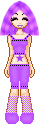 A pixel doll with shoulder length purple hair and outfit consisting of drop top, shorts, leg warmers and shoes