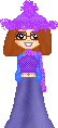 A pixel doll with large jean flares, a blue crop top, purple bobble hat, and a long purple scarf. Her hair is in a reddish brown bob