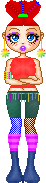 A pixel doll with blue boots, pink socks, purple fishnet stockings, dark teal shorts, and a red top. She has bright coloured pom-pom earrings, and rainbow coloured shredded belt. Her red hair has purple beads in it and is up in a bun