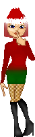 A pixel doll wearing a Santa hat, a red sweater, green mini skirt, and knee-high black boots. She has a red bob hairstyle