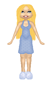 A long haired blonde pixel doll wearing a light blue dress and chunky pale blue shoes