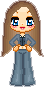 A pixel doll with long brown hair wearing blue flared jeans , a dark blue top, and a light denim jacket