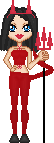 A pixel doll wearing a Red Devil halloween costume, with black shoulder length hair