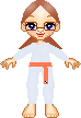 A brown haired pixel doll has her hair tied back, and wears a karate outfit with an orange belt