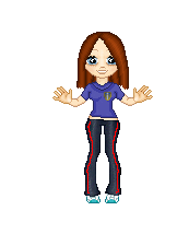 A brown haired pixel doll wearing tracksuit bottoms, sneakers, and a blue top with an emblem on it