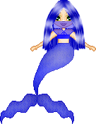 A pixel doll stylised as a mermaid, with long blue hair, crop top, tail, and see-through veil
