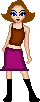 A pixel doll with a flipped out brown style, brown top, pink mini skirt skirt, and black knee length boots