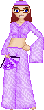 A brown haired pixel doll wearing purple patterned flares, with a matching top and headband. She holds a purple fan and is blinking slowly