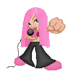 A pixel doll holding a microphone in one hand and fist bumping with the other. She has long pink hair, and wears a pink crop top, pink shoes, and black flares