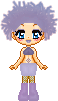 A pixel doll with knee high purple boots, a lilac mini skirt, and dark lavender crop top. She has her light lavender hair up in a very messy curly bun