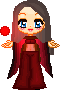 A long brown haired pixel doll with a floating red orb above her right hand, which is casting a red glow on her body. She is wearing red flares and a red crop top with long flowing sleeves