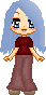 A pixel doll with long light blue hair, a red top, brown jeans, and brown shoes