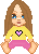 A pixel doll which looks like a toddler. She is sitting on the ground with long brown hair, pink trousers, and a yellow top with a link heart on it