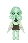 An alien style pixel doll with light green skin and hair, and iridescent wings. She is barefooted and wears a drop knee length skirt and a brown crop top