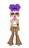 A pixel doll wearing a white crop top, brown jeans, and blue sneakers. Her purple hair is up in a messy bun. She is also wearing glasses, earrings and a silver belt with a star hanging off it